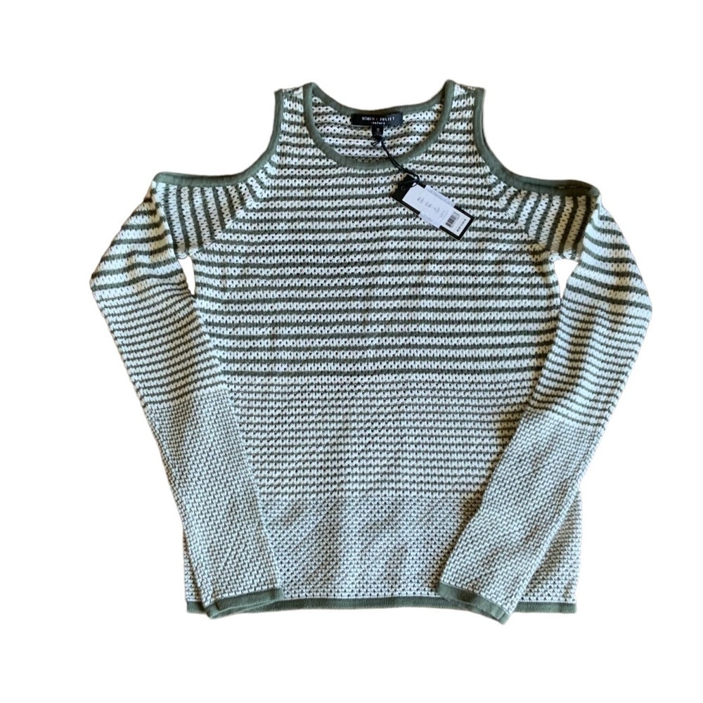 Women’s Romeo & Juliet Cotton Sweater Top, Cold-Shoulder, Green Stripe, Size Sm - Picture 7 of 8